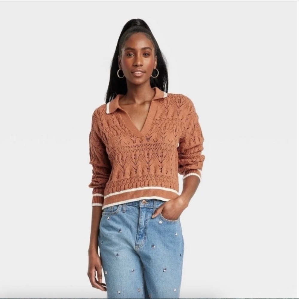 Universal Thread Rust Open Knit V-Neck Collared Cropped Sweater